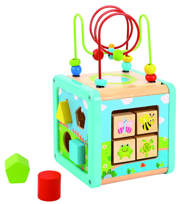 Wooden Activity shape sorter, bead maze, and clockwork Cube - Image 2