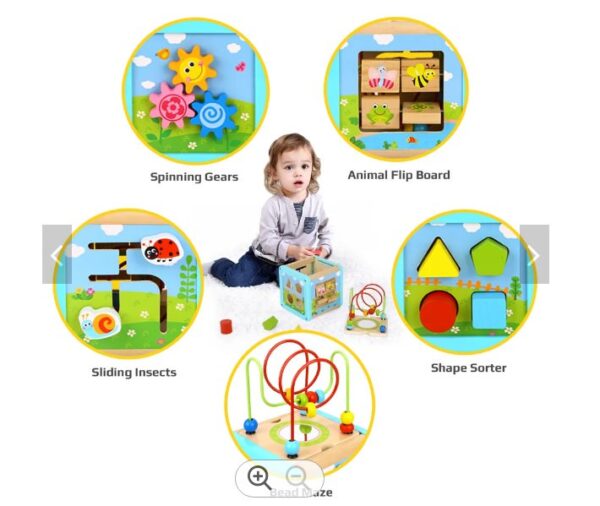 Wooden Activity shape sorter, bead maze, and clockwork Cube - Image 3