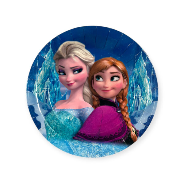 Frozen-themed kids party supplies including plates, cups, napkins, and cutlery.